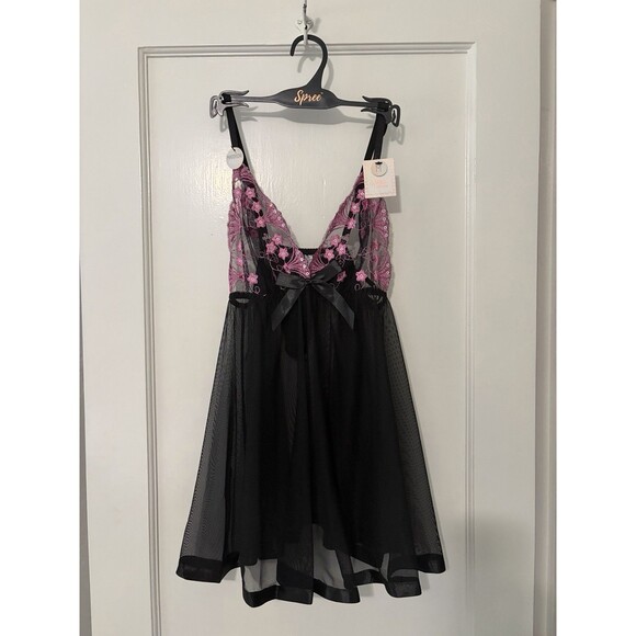 Spree Other - NWT Black Pink Lace Sheer Babydoll Lingerie Thong Set Nightgown Medium Spree